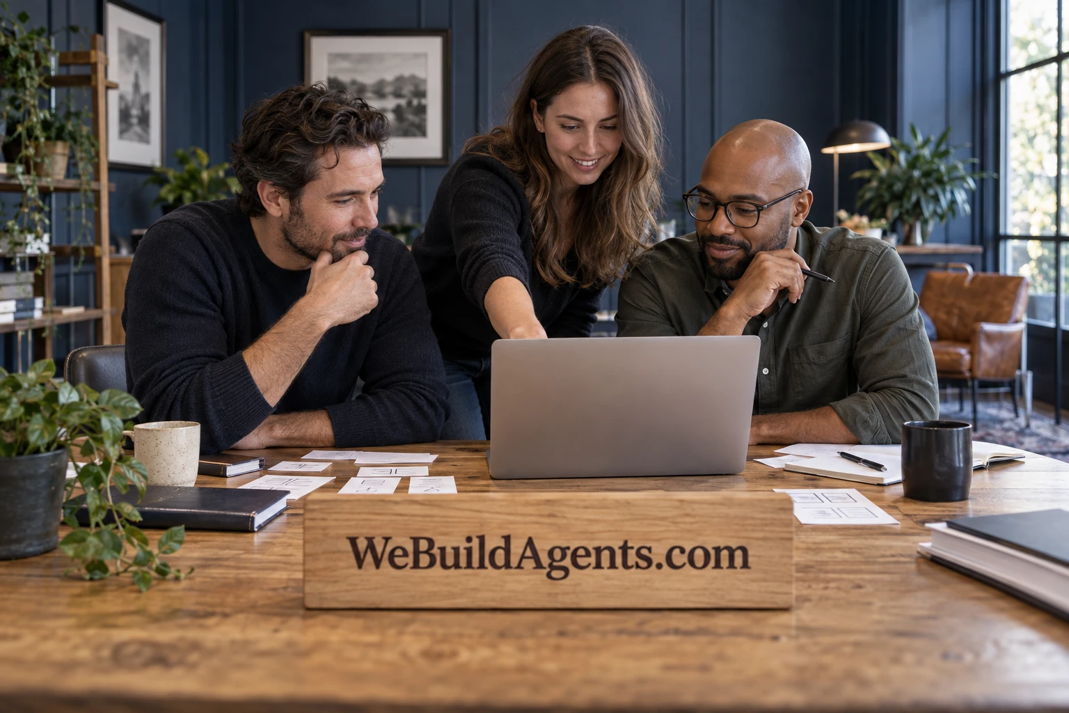 A team planning useful agent projects around a work table